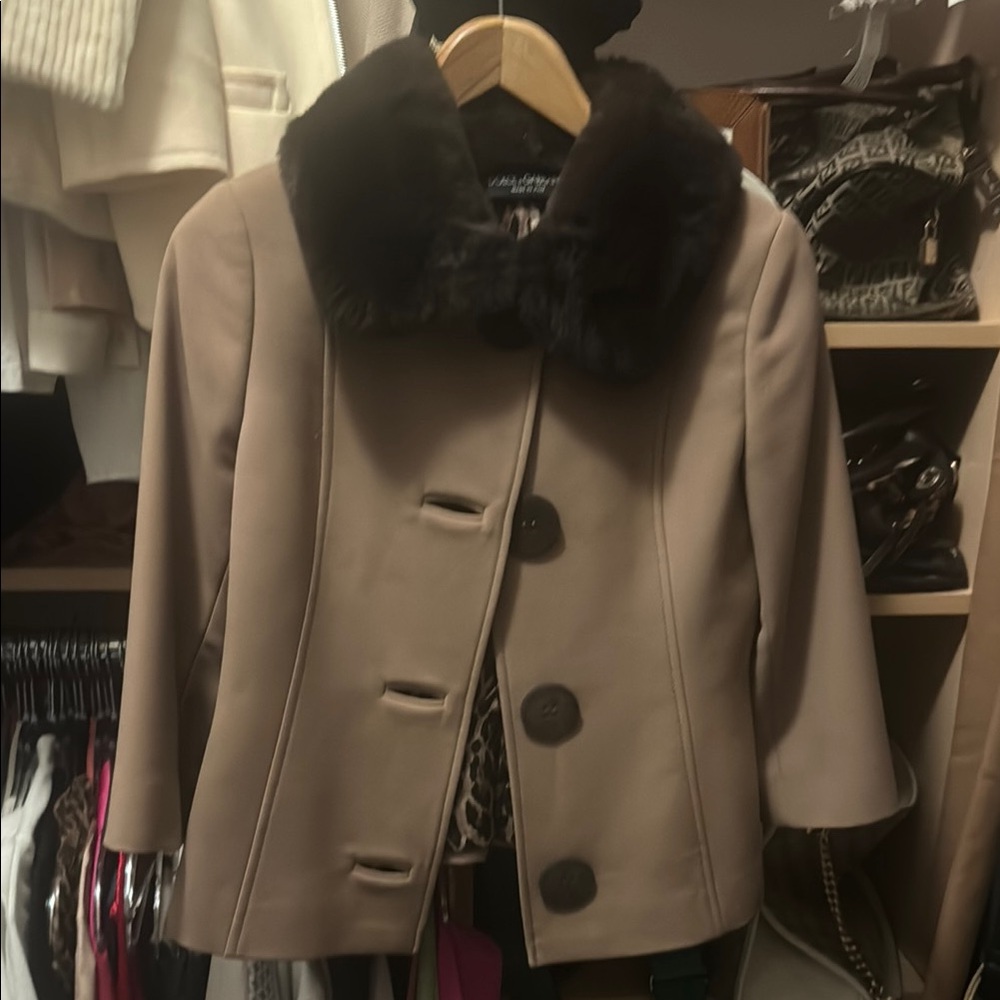 Elegant Tan Coat with Black Fur Collar